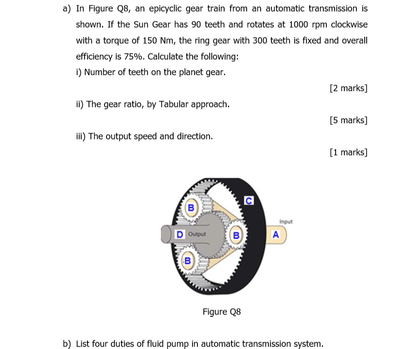 SOLVED a) In Figure Q8, an epicyclic gear train from an automatic