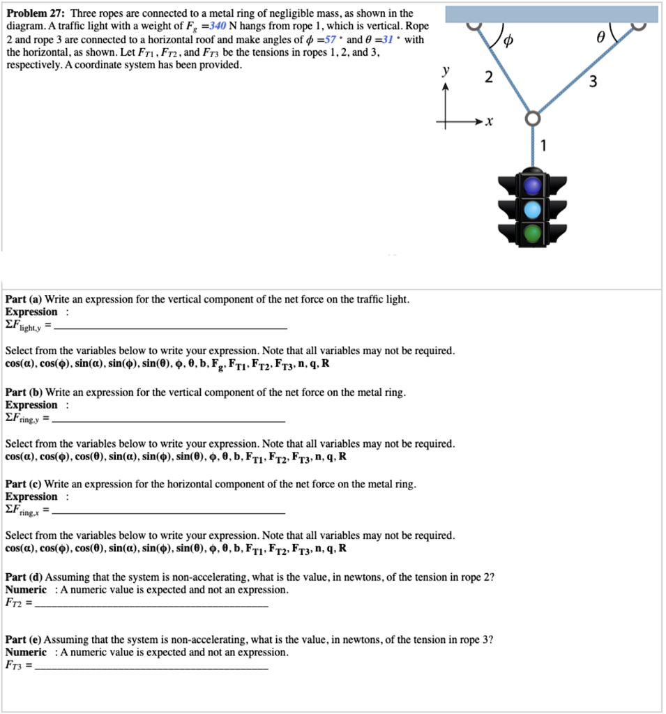 Physics Question Problem 27: Three ropes are connected to a metal ring ...