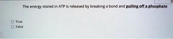 The energy stored in ATP is released by breaking a bond and pulling off a phosphate
True
False