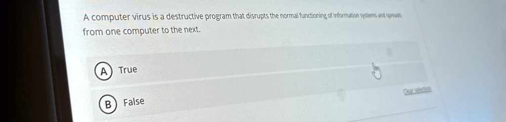 a computer virus is a destructive program that disrupts the normal functioning of information systems and spreads from one computer to the next a true b false 83355