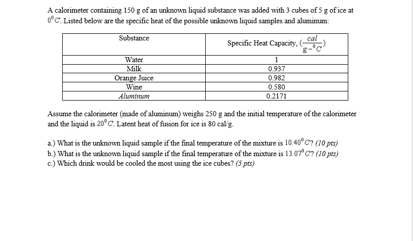 SOLVED: A calorimeter containing 150 g of an unknown liquid substance ...