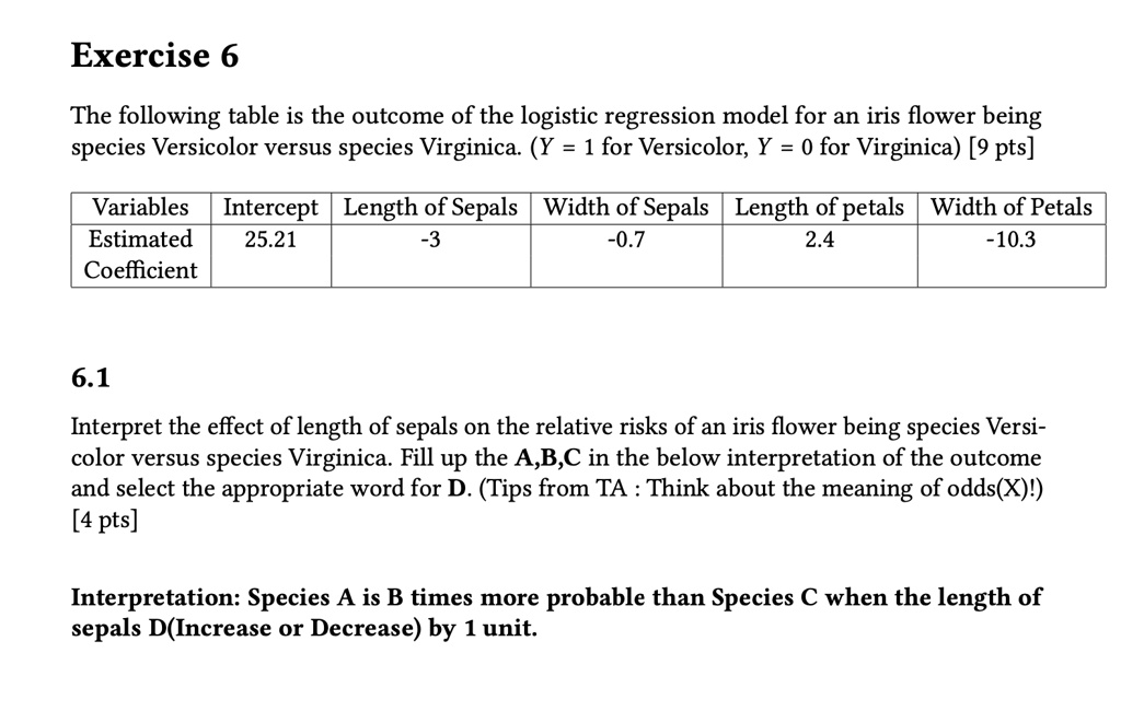 SOLVED: Exercise 6 The Following Table Is The Outcome Of The Logistic ...