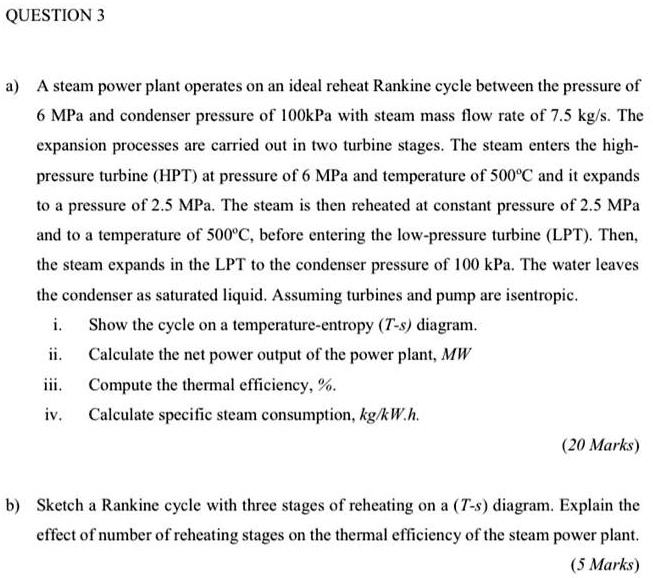 SOLVED QUESTION3 a A steam power plant operates on an ideal reheat