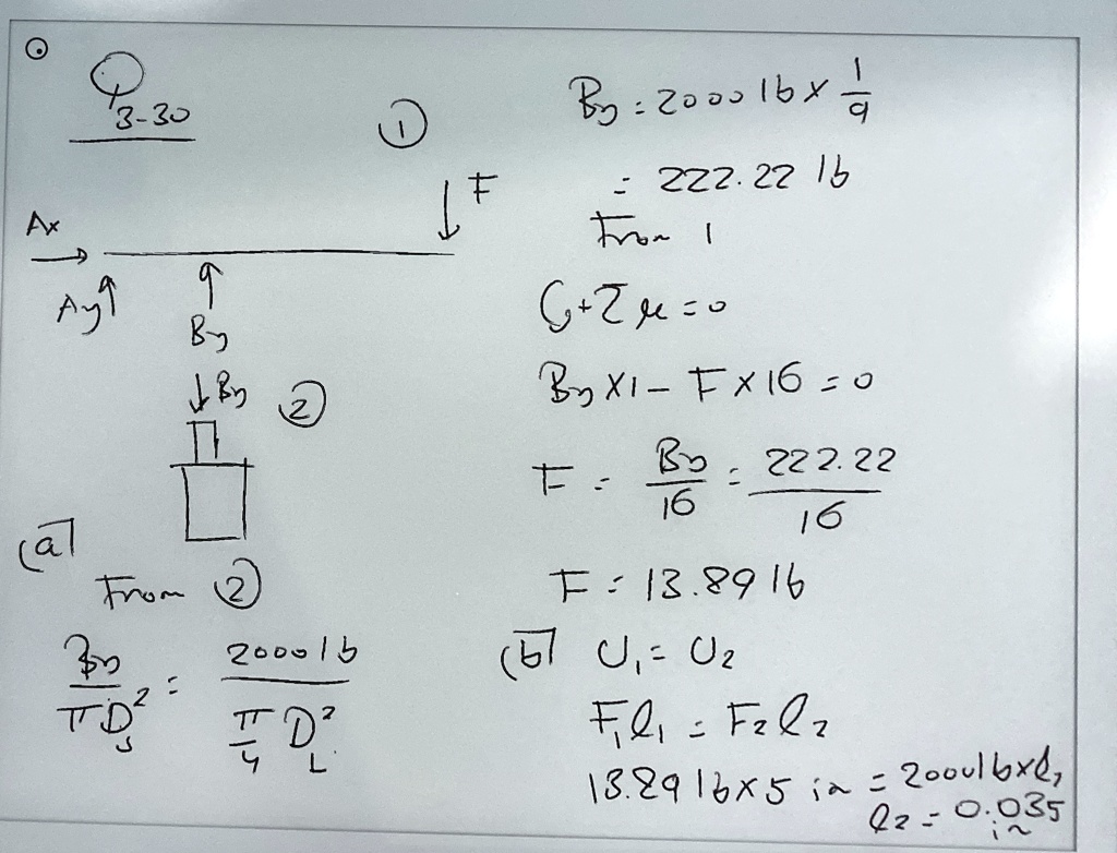 ?
3-30
?
Ax
Ayl
?
By
?By
?
(a)
From ?
(By)/(π D^2) = (2000 lb)/(π D^2 L)
By = 2000 lb x (1)/(9) 
= 222.22 lb
From 1
?+?M = 0
By x 11 - F x 16 = 0
F = (By)/(16) = (222.22)/(16)
F = 13.89 lb
(b) U? = U?
F?l? = F?l?
13.89 lb x 5 in = 2000 lb x d?
d? = 0.035 in