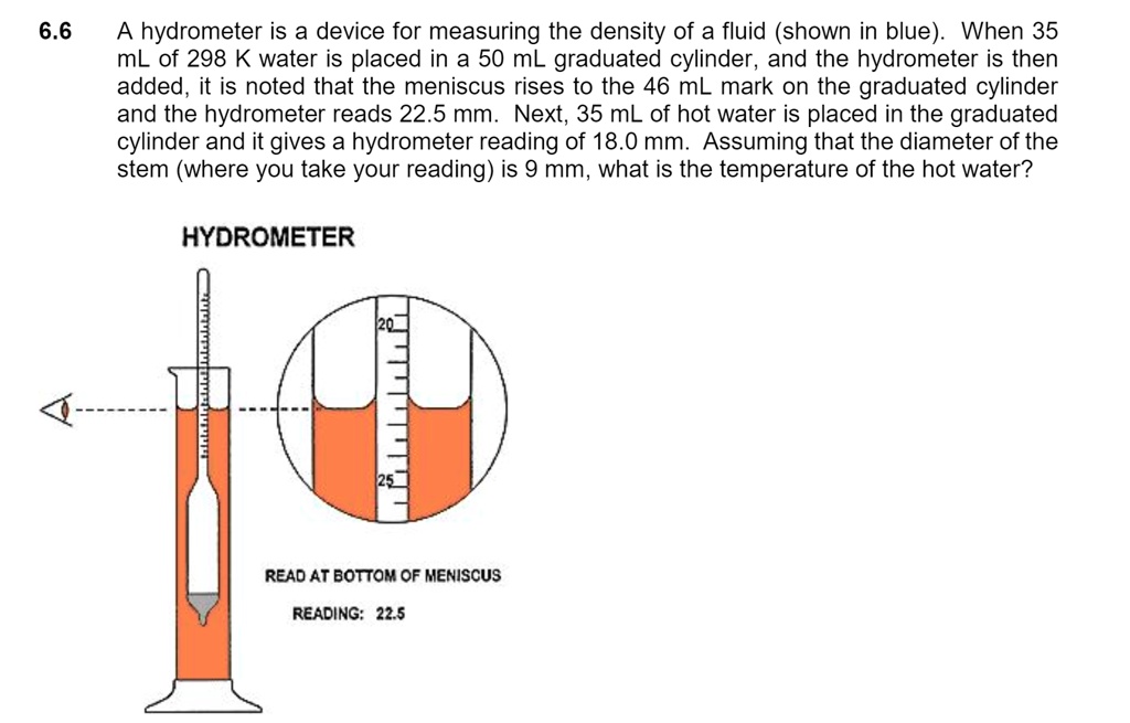 6.6 A hydrometer is a device for measuring the density of a fluid ...