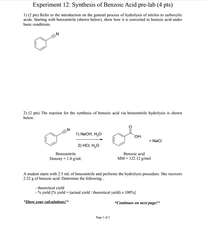 SOLVED: Experiment 12: Synthesis Of Benzoic Acid Pre-lab Pts) 1) (2 Pts ...