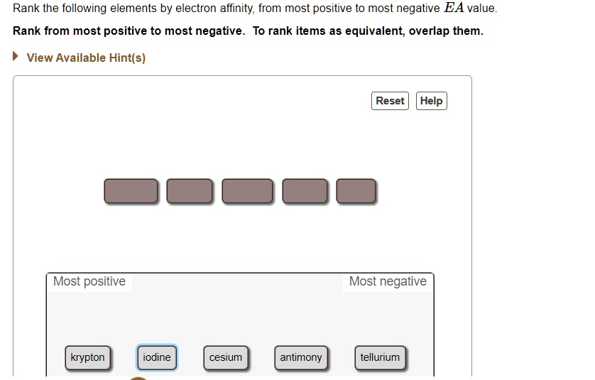 SOLVED Rank the following elements by electron affinity, from most
