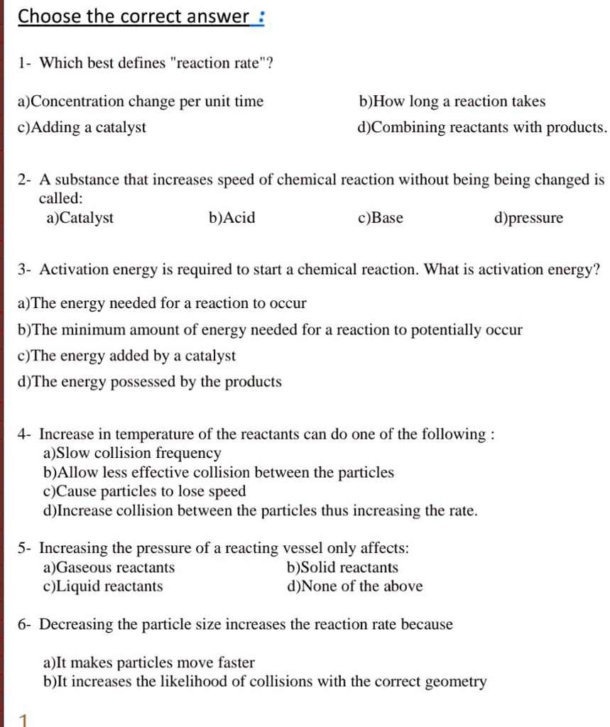 SOLVED: 1- Which Best Defines 'reaction Rate'? A) Concentration Change ...