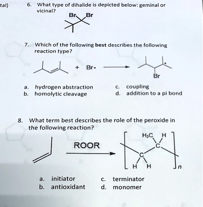 SOLVED: tal) What type of dihalide is depicted below: geminal or