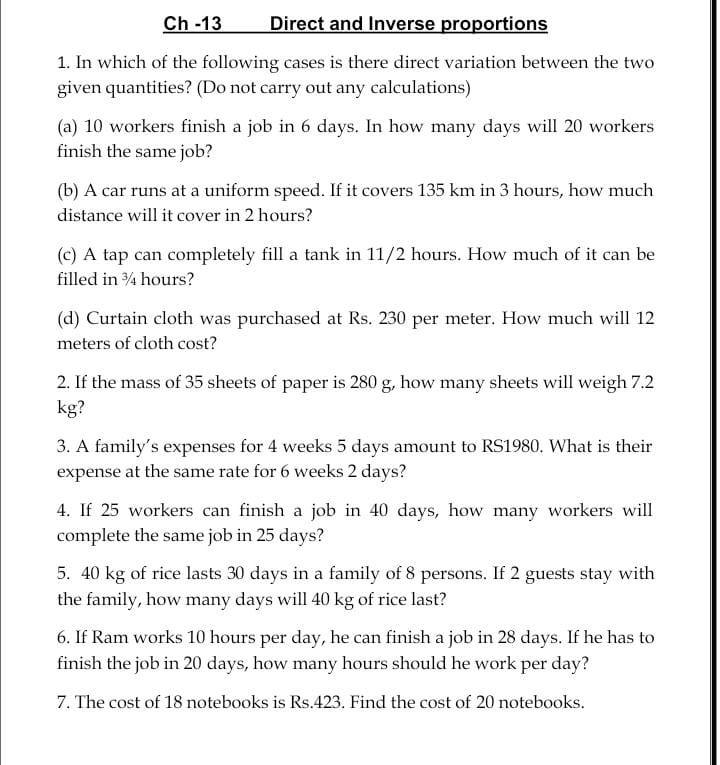 Ch-13 Direct and Inverse proportions 1. In which of the following cases ...