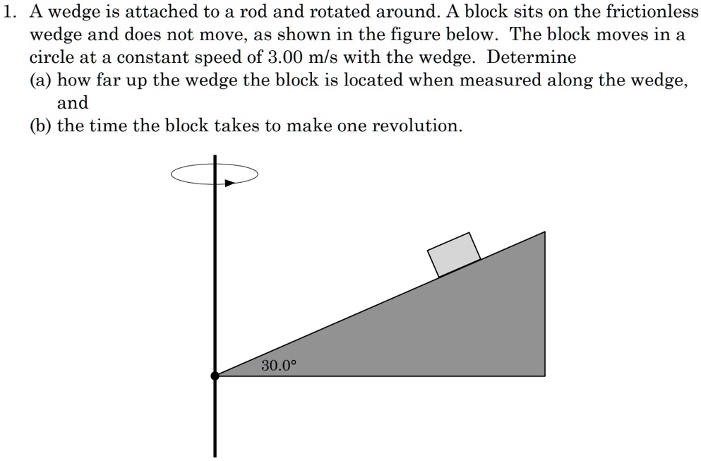 1. A wedge is attached to a rod and rotated around. A block sits on the frictionless wedge and does not move, as shown in the figure below. The block moves in a circle at a constant speed of 3.00 m/s with the wedge. Determine
(a) how far up the wedge the block is located when measured along the wedge, and
(b) the time the block takes to make one revolution.
30.0°