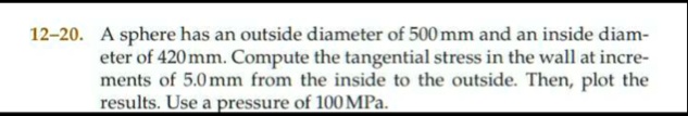 12 20 a sphere has an outside diameter of 500 mm and an inside diam eter of 420 mm compute the tangential stress in the wall at increments of 50 mm from the inside to the outside then plot t 62774