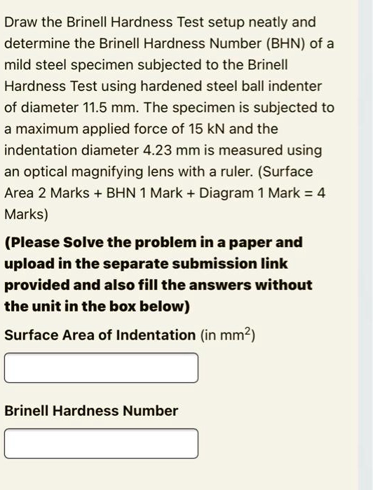 SOLVED Draw the Brinell Hardness Test setup neatly and determine the Brinell Hardness Number
