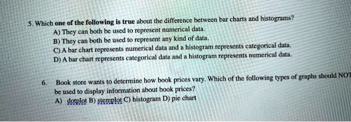 5. Which one of the following is true about the difference between bar charts and histograms?
A) They can both be used to represent numerical data.
B) They can both be used to represent any kind of data.
C) A bar chart represents numerical data and a histogram represents categorical data.
D) A bar chart represents categorical data and a histogram represents numerical data.

6. Book store wants to determine how book prices vary. Which of the following types of graphs should NOT be used to display information about book prices?
A) dotplot B) stemplot C) histogram D) pie chart