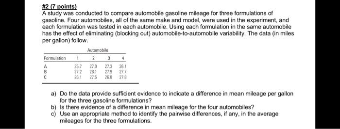 2upoints a study was conducted t0 compare automobile gasoline mileage ...