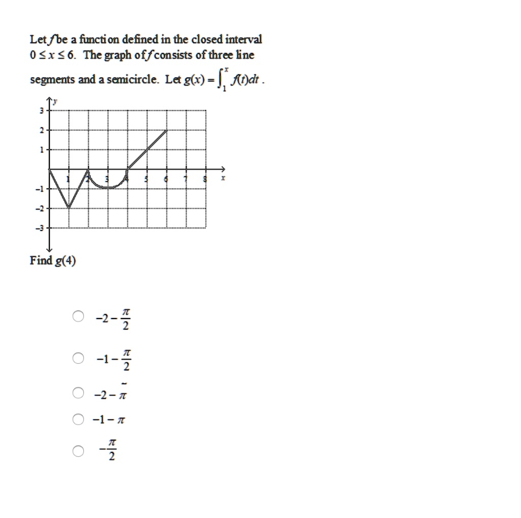 Let f be a function defined in the closed interval 0 ? x ? 6. The graph of f consists of three line segments and a semicircle. Let g(x) = ?[1 to x] f(t)dt.

Find g(4)

-2 - ?/2
-1 - ?/2
-2 - ?
-1 - ?
-?/2