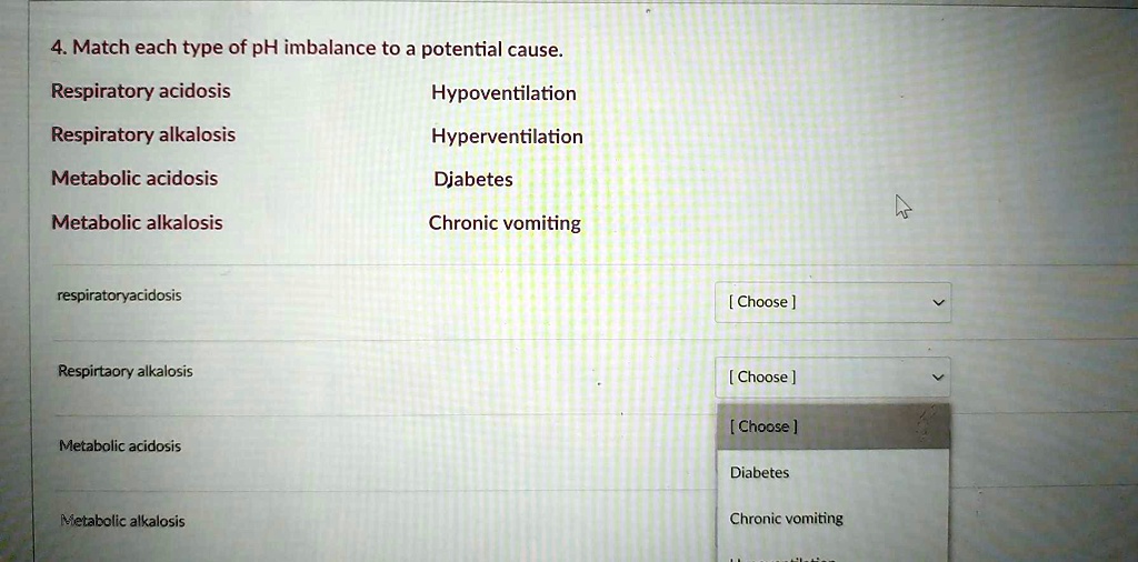SOLVED Match each type of pH imbalance to a potential cause