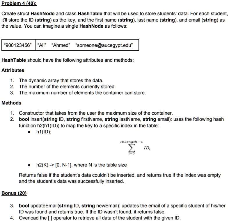 refer to the question using c if you could not do the bonus part no problem but if you can please do it problem 4 40 create struct hashnode and class hashtable that will be used to store stu 15553