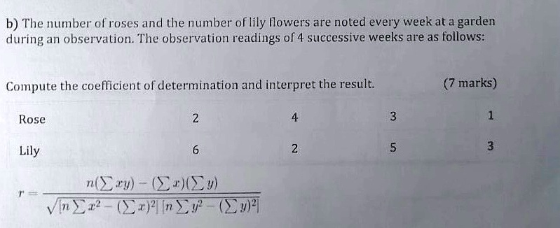 b) The number of roses and the number of lily flowers are noted every week at a garden
during an observation. The observation readings of 4 successive weeks are as follows:
Compute the coefficient of determination and interpret the result.
(7 marks)
Rose
Lily
2
4
3
1
6
2
5
3
r = (n(∑ xy) - (∑ x)(∑ y))/(√([n ∑ x^2 - (∑ x)^2][n ∑ y^2 - (∑ y)^2]))