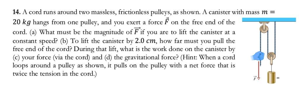 14. A cord runs around two massless, frictionless pulleys, as shown. A canister with mass m = 20 kg hangs from one pulley, and you exert a force F on the free end of the cord. (a) What must be the magnitude of F if you are to lift the canister at a constant speed? (b) To lift the canister by 2.0 cm, how far must you pull the free end of the cord? During that lift, what is the work done on the canister by (c) your force (via the cord) and (d) the gravitational force? (Hint: When a cord loops around a pulley as shown, it pulls on the pulley with a net force that is twice the tension in the cord.)