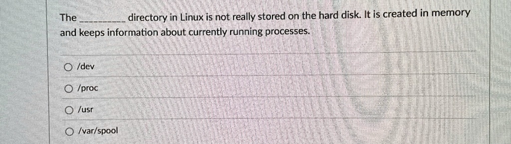the  directory in linux is not really stored on the hard disk it is created in memory and keeps information about currently running processes o dev o proc o usr o varspool 42027