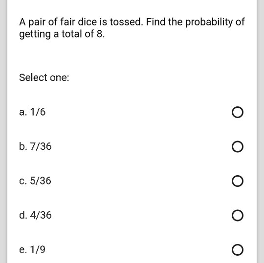 SOLVED: A Pair Of Fair Dice Is Tossed. Find The Probability Of Getting ...