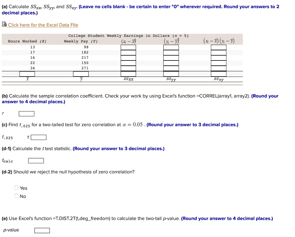 a calculate ssxx ssyy and ssxy leave no cells blank be certain to enter 0  wherever