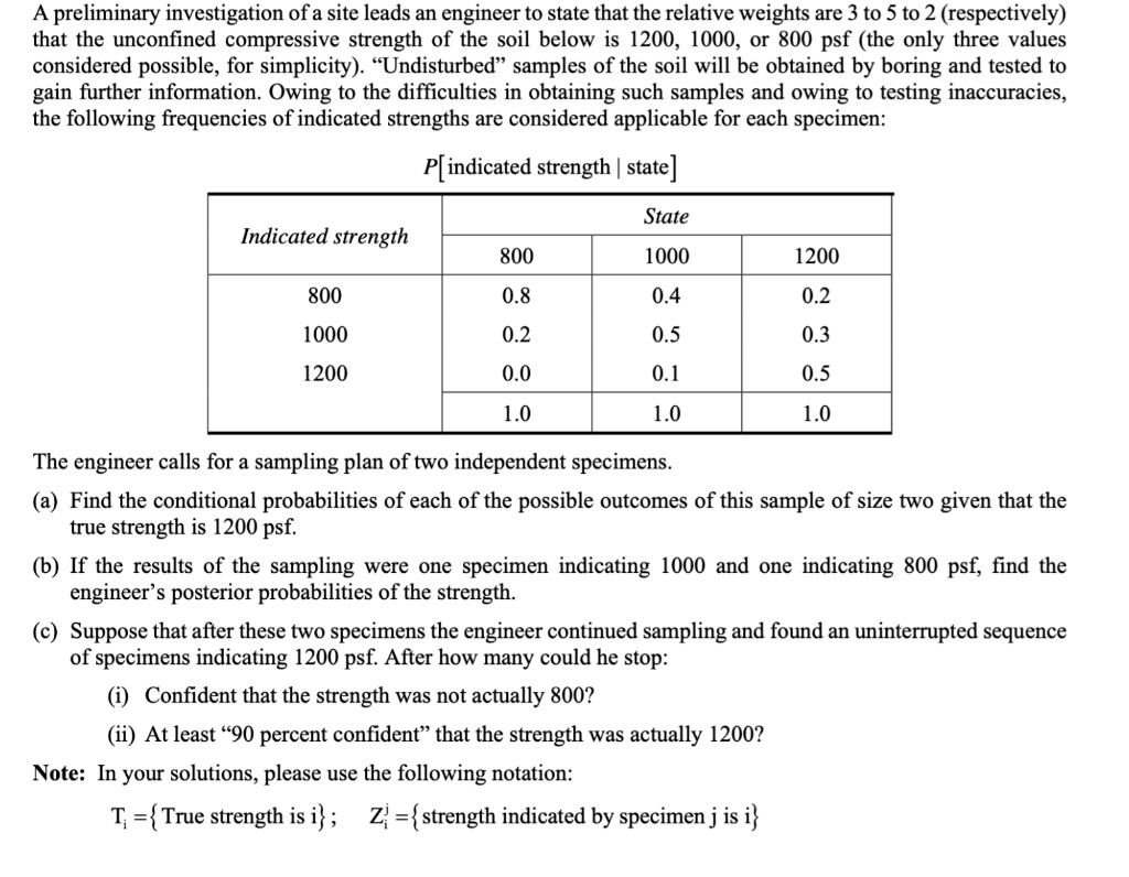 A preliminary investigation of a site leads an engineer to state that the relative weights are 3 to 5 to 2 (respectively)
that the unconfined compressive strength of the soil below is 1200, 1000, or 800 psf (the only three values
considered possible, for simplicity). "Undisturbed" samples of the soil will be obtained by boring and tested to
gain further information. Owing to the difficulties in obtaining such samples and owing to testing inaccuracies,
the following frequencies of indicated strengths are considered applicable for each specimen:

P[indicated strength | state]

State
Indicated strength
800
1000
1200
800
0.8
0.4
0.2
1000
0.2
0.5
0.3
1200
0.0
0.1
0.5
1.0
1.0
1.0

The engineer calls for a sampling plan of two independent specimens.
(a) Find the conditional probabilities of each of the possible outcomes of this sample of size two given that the
true strength is 1200 psf.
(b) If the results of the sampling were one specimen indicating 1000 and one indicating 800 psf, find the
engineer's posterior probabilities of the strength.
(c) Suppose that after these two specimens the engineer continued sampling and found an uninterrupted sequence
of specimens indicating 1200 psf. After how many could he stop:
(i) Confident that the strength was not actually 800?
(ii) At least "90 percent confident" that the strength was actually 1200?
Note: In your solutions, please use the following notation:
Ti =  True strength is i ; Zi^j =  strength indicated by specimen j is i 