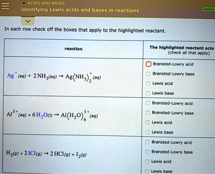 Solved Acids And Bases Identifying Lewis Acids And Bases In Reactions In Each Row Check Off