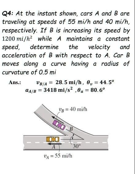 Q4: At the instant shown, cars A and B are traveling at speeds of 55 mi ...
