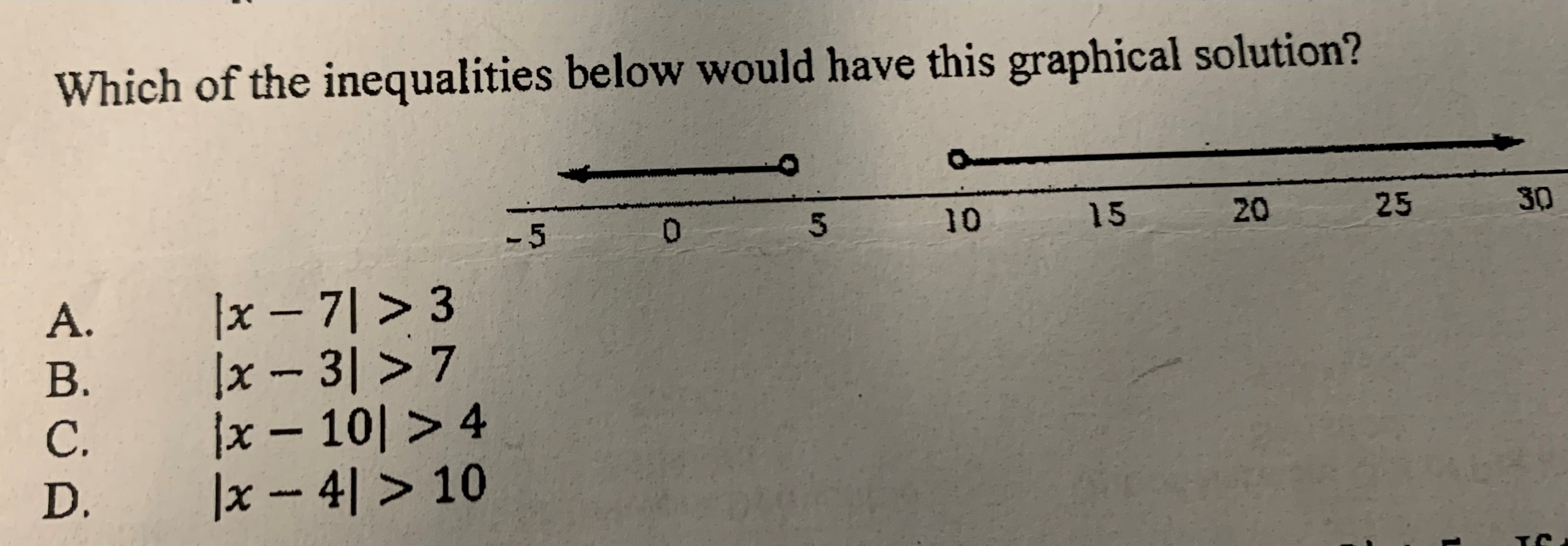 Which of the inequalities below would have this graphical solution?

A. |x - 7| > 3
B. |x - 3| > 7
C. |x - 10| > 4
D. |x - 4| > 10