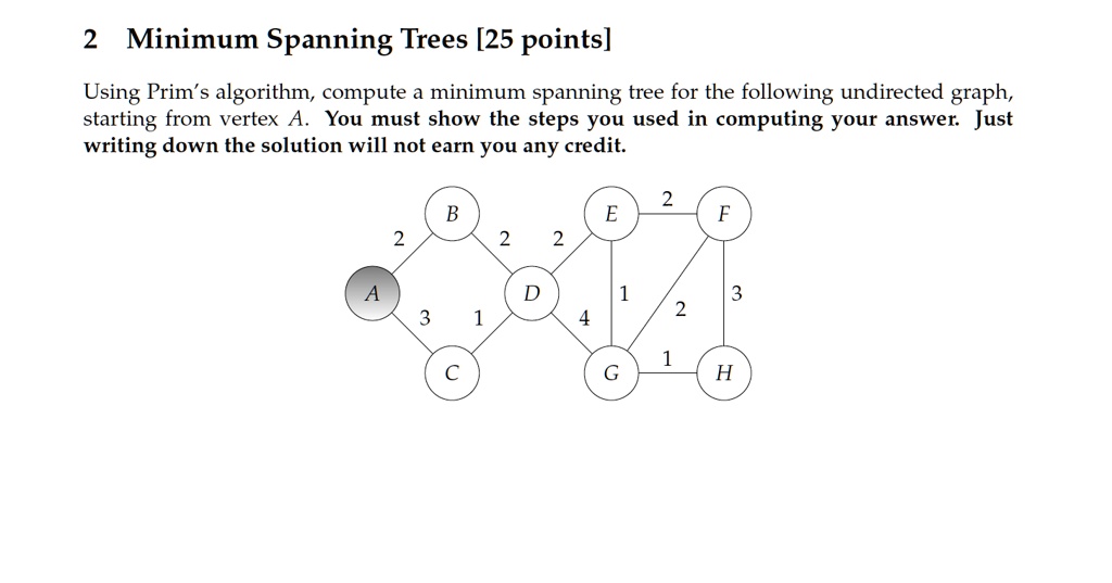 2 Minimum Spanning Trees [25 points] Using Prim's algorithm,...