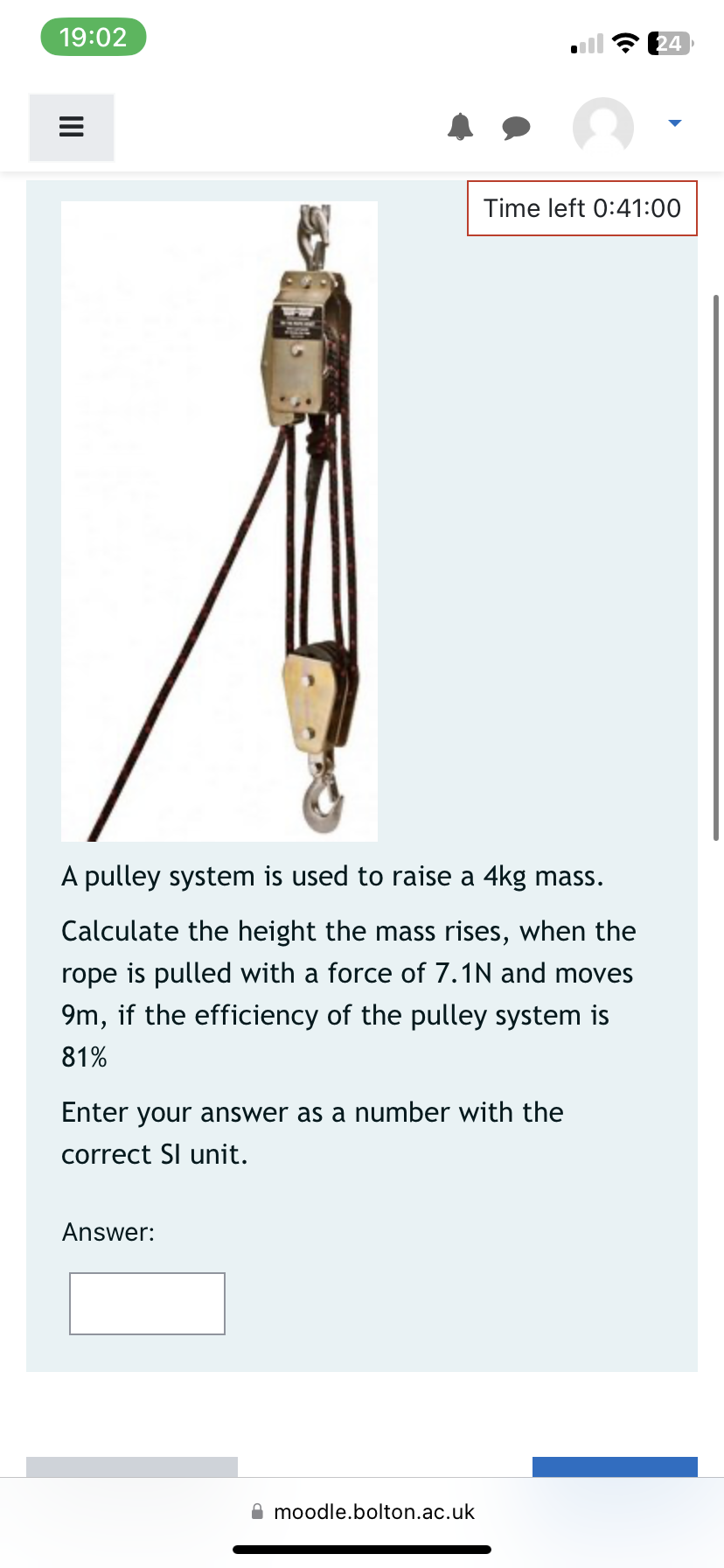 SOLVED 1902 Time left 04100 A pulley system is used to raise a 4 kg