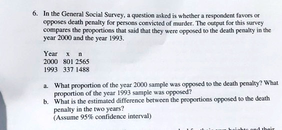 6. In the General Social Survey, a question asked is whether a respondent favors or
opposes death penalty for persons convicted of murder. The output for this survey
compares the proportions that said that they were opposed to the death penalty in the
year 2000 and the year 1993.

Year x n
2000 801 2565
1993 337 1488

a. What proportion of the year 2000 sample was opposed to the death penalty? What
proportion of the year 1993 sample was opposed?
b. What is the estimated difference between the proportions opposed to the death
penalty in the two years?
(Assume 95% confidence interval)