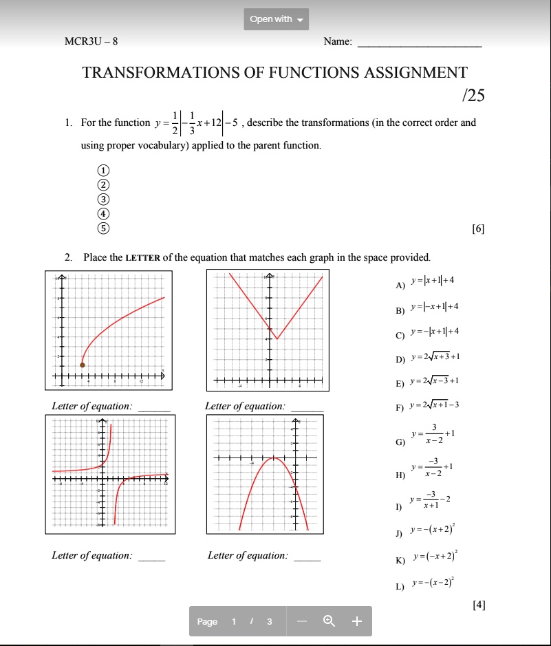 Solved Open With Mcrbu 8 Name Transformations Of Functions Assignment 125 For The Function Y H 12 5 Describe The Transformations In The Correct Order And Using Proper Vocabulary Pplied To The Parent