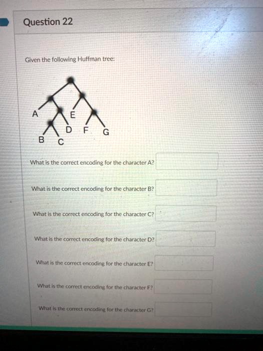 Question 22
Given the following Huffman tree:
A
E
DFG
B
C
What is the correct encoding for the character A?
What is the correct encoding for the character B?
What is the correct encoding for the character C?
What is the correct encoding for the character D?
What is the correct encoding for the character E?
What is the correct encoding for the character F?
What is the correct encoding for the character G?