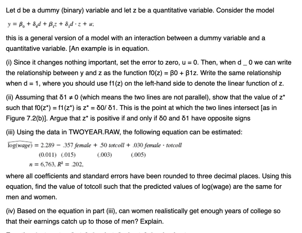 SOLVED: Let d be a dummy (binary) variable and let z be a quantitative ...