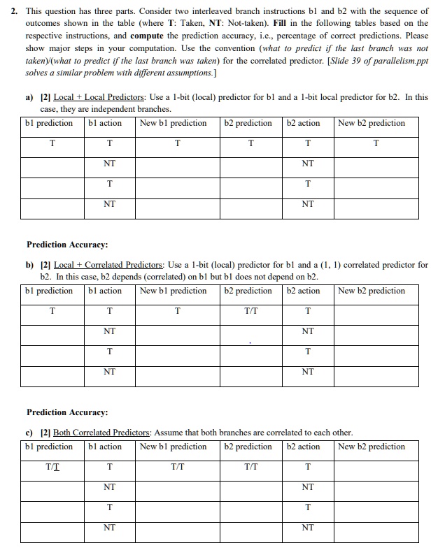 2 this question has three parts consider two interleaved branch instructions b1 and b2 with the sequence of outcomes shown in the table where t taken nt not taken fill in the following table 01163