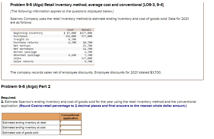 Problem 9-6 (Algo) Retail inventory method; average cost and...