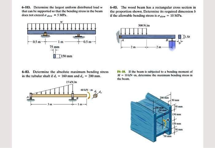 6-103. Determine the largest uniform distributed load w that can be supported so that the bending stress in the beam does not exceed ?allow = 5 MPa.

6-85. The wood beam has a rectangular cross section in the proportion shown. Determine its required dimension b if the allowable bending stress is ?allow = 10 MPa.
500 N/m
1.5b
b
0.5 m
1 m
0.5 m
75 mm
150 mm
2 m
2 m
6-83. Determine the absolute maximum bending stress in the tubular shaft if di = 160 mm and do = 200 mm.
15 kN/m
60 kN·m
di
do
A
B
3 m
1 m
F6-18. If the beam is subjected to a bending moment of M = 10 kN·m, determine the maximum bending stress in the beam.
200 mm
30 mm
50 mm
30 mm
30 mm
150 mm
150 mm
50 mm
30 mm