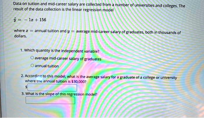 SOLVED: Data on tuition and mid-career salary are collected from number of  universities and colleges: The result of the data collection Is the linear  regression model Ir + 156 where I dollars