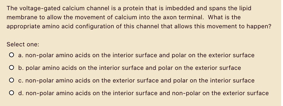 The voltage-gated calcium channel is a protein that is imbedded and spans the lipid
membrane to allow the movement of calcium into the axon terminal. What is the
appropriate amino acid configuration of this channel that allows this movement to happen?
Select one:
O a. non-polar amino acids on the interior surface and polar on the exterior surface
b. polar amino acids on the interior surface and polar on the exterior surface
c. non-polar amino acids on the exterior surface and polar on the interior surface
O d. non-polar amino acids on the interior surface and non-polar on the exterior surface