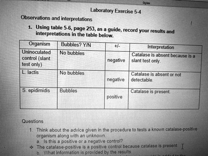 Laboratory Exercise 5-4
Observations and interpretations
1. Using table 5-6, page 253, as a guide, record your results and interpretations in the table below.

Organism | Bubbles? Y/N | +/- | Interpretation
Uninoculated control (slant test only) | No bubbles | negative | Catalase is absent because is a slant test only.
L. lactis | No bubbles | negative | Catalase is absent or not detectable.
S. epidimidis | Bubbles | positive | Catalase is present.

Questions
1. Think about the advice given in the procedure to tests a known catalase-positive organism along with an unknown.
a. Is this a positive or a negative control?
* The catalase-positive is a positive control because catalase is present.
b. What information is provided by the results