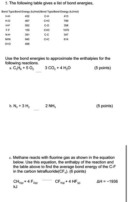 SOLVED: The following table gives list of bond energies, Bond Type Bona ...