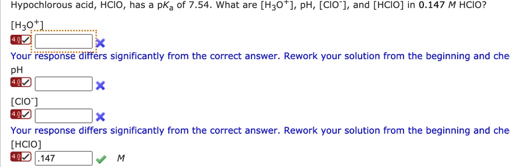 SOLVED:Hypochlorous acid, HCIO, has a pKa of 7.54. What are [H30+], PH ...