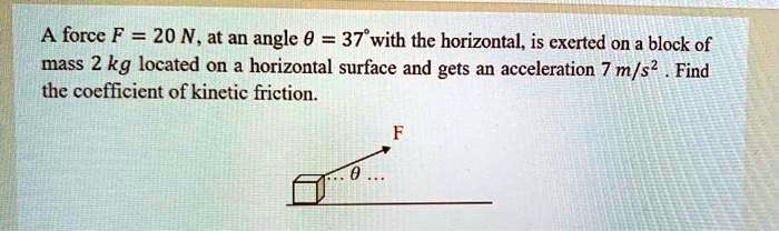 A force F = 20 N, at an angle 	heta = 37^circ with the horizontal, is exerted on a block of mass 2 kg located on a horizontal surface and gets an acceleration 7 m/s². Find the coefficient of kinetic friction.