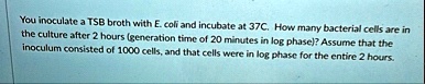 you inoculate a tsb broth with e coli and incubate at 37c how many bacterial cells are in the culture after 2 hours generation time of 20 minutes in log phase assume that the inoculum consis 02533