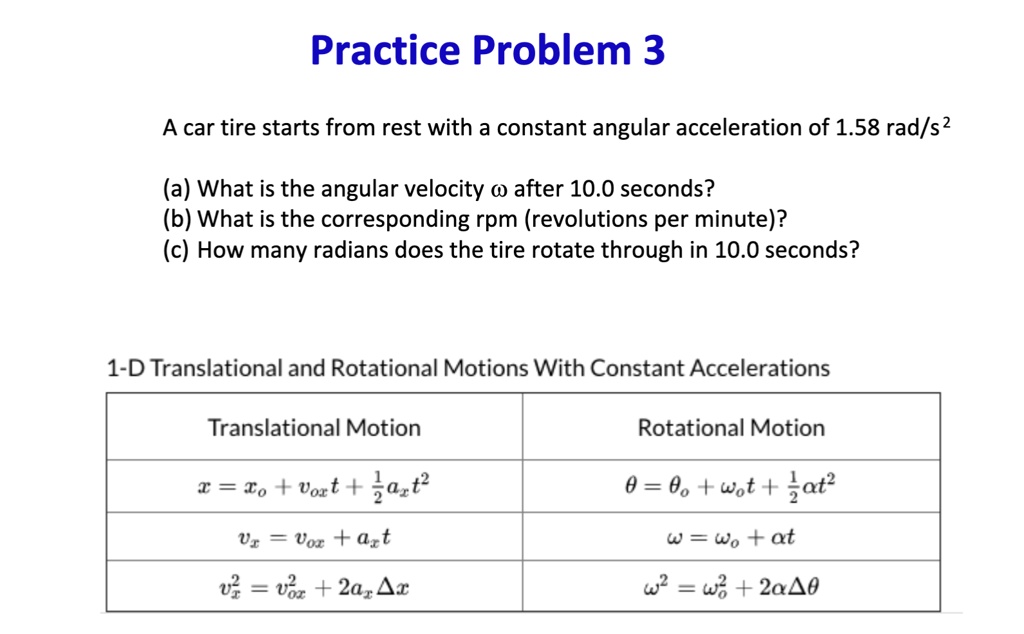 SOLVED Practice Problem 3 A car tire starts from rest with a constant