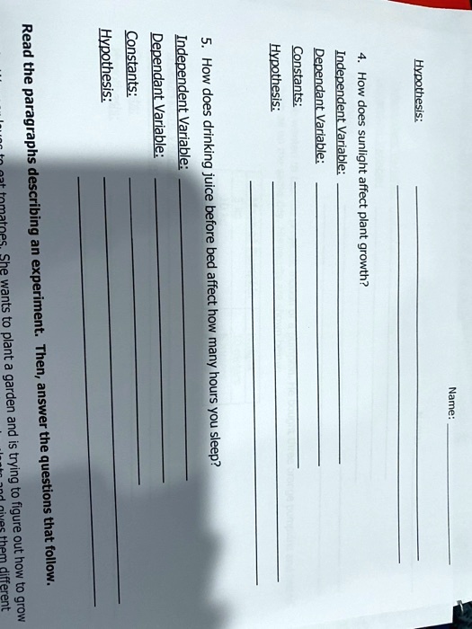 Hypothesis Constants Dependant Variable Independent Variable