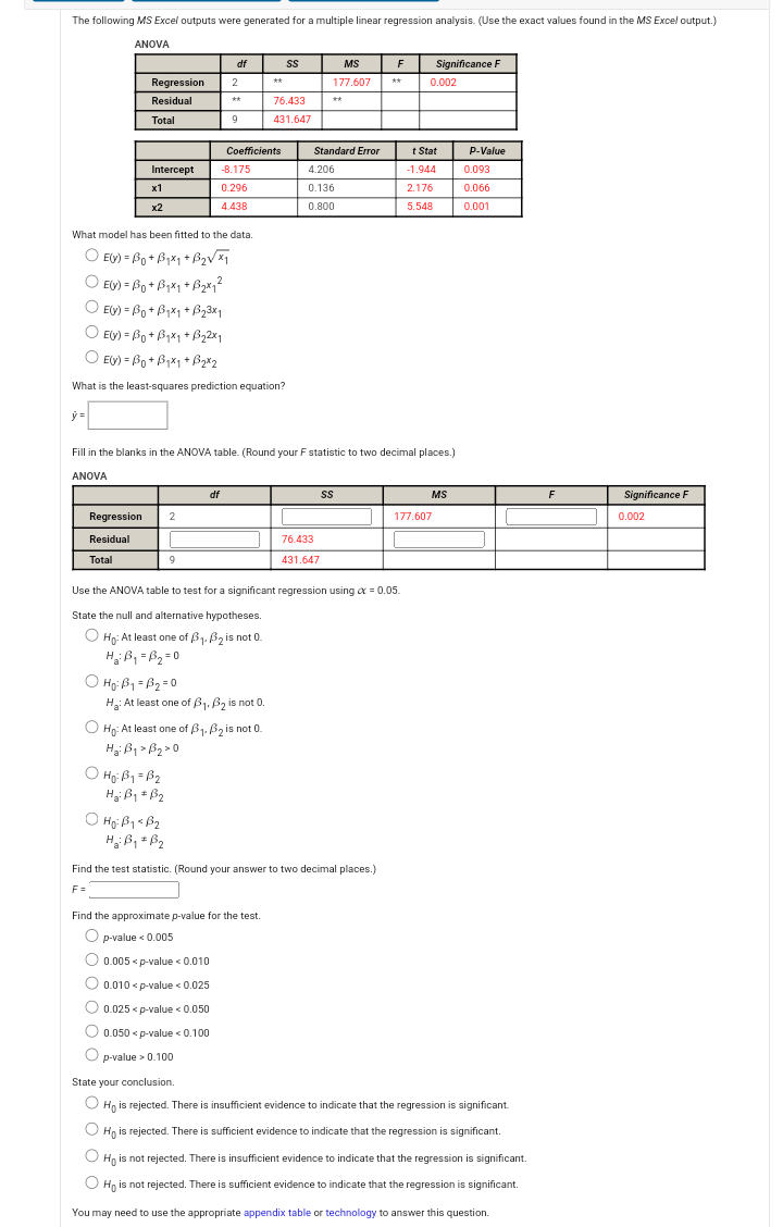 The following MS Excel outputs were generated for a multiple linear regression analysis. (Use the exact values found in the MS Excel output.)
ANOVA
egintabular|l|c|c|c|c|c|
hline     df     SS     MS     ( F )     Significance ( F ) hline Regression     2     ( star star )     ( 177.607 )     ( star star )     ( 0.002 ) hline Residual     ( star star )     ( 76.433 )     ( star star )         hline Total     9     ( 431.647 )             hline
endtabular
egintabular|l|l|l|c|c|
hline     Coefficients     Standard Error     ( mathbft ) Stat     P-Value hline Intercept     ( -8.175 )     ( 4.206 )     ( -1.944 )     ( 0.093 ) hline ( mathbfx 1 )     ( 0.296 )     ( 0.136 )     ( 2.176 )     ( 0.066 ) hline ( mathbfx mathbf2 )     ( 4.438 )     ( 0.800 )     ( 5.548 )     ( 0.001 ) hline
endtabular
What model has been fitted to the data.
[
eginarrayl
E(y)=eta0+eta1 x1+eta2 sqrtx1 E(y)=eta0+eta1 x1+eta2 x1^2 E(y)=eta0+eta1 x1+eta2 3 x1 E(y)=eta0+eta1 x1+eta2 2 x1 E(y)=eta0+eta1 x1+eta2 x2
endarray
]
What is the least-squares prediction equation?
[
doty=
]
Fill in the blanks in the ANOVA table. (Round your ( F ) statistic to two decimal places.)
ANOVA
Use the ANOVA table to test for a significant regression using ( alpha=0.05 ).
State the null and alternative hypotheses.
[
eginarrayl
H0: 	ext  At least one of  eta1, eta2 	ext  is not  0 . Ha: eta1=eta2=0 H0: eta1=eta2=0 Ha: 	ext  At least one of  eta1, eta2 	ext  is not  0 	ext .  H0: 	ext  At least one of  eta1, eta2 	ext  is not  0 Ha: eta1>eta2>0 H0: eta1=eta2 Ha: eta1 
eq eta2 H0: eta1<eta2 Ha: eta1 
eq eta2
endarray
]
Find the test statistic. (Round your answer to two decimal places.)
( F= )
Find the approximate p-value for the test.
( p )-value ( <0.005 )
( 0.005<p )-value ( <0.010 )
( 0.010<p )-value ( <0.025 )
( 0.025<p )-value ( <0.050 )
( 0.050<p )-value ( <0.100 )
( p )-value ( >0.100 )
State your conclusion.
( mathrmH0 ) is rejected. There is insufficient evidence to indicate that the regression is significant.
( mathrmH0 ) is rejected. There is sufficient evidence to indicate that the regression is significant.
( mathrmH0 ) is not rejected. There is insufficient evidence to indicate that the regression is significant.
( mathrmH0 ) is not rejected. There is sufficient evidence to indicate that the regression is significant.
You may need to use the appropriate appendix table or technology to answer this question.